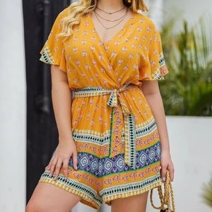 SOLD Surplice Front Belted Tribal Print Romper